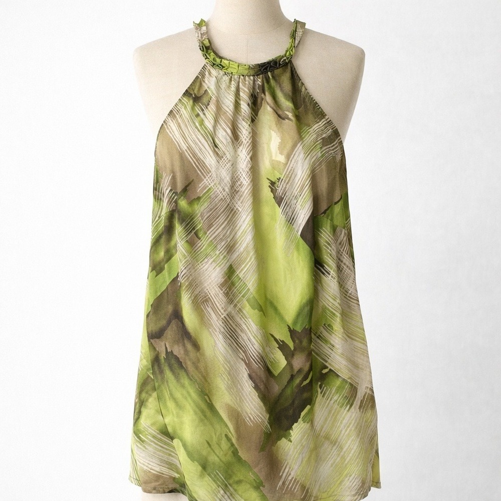 Vintage Y2K Abstract Silk Halter Tank Size S Green Sleeveless Boho Indie Sleaze